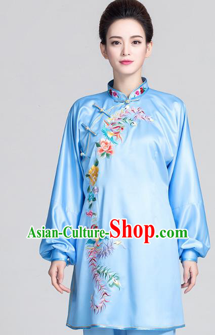 China Best Tai Chi Training Clothing Traditional Embroidered Phoenix Peony Blue Satin Uniforms