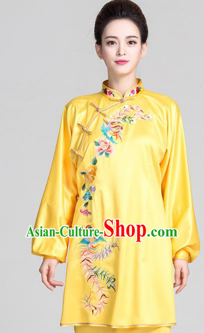 China Tai Chi Exercise Clothing Traditional Martial Arts Embroidered Phoenix Peony Yellow Satin Uniforms