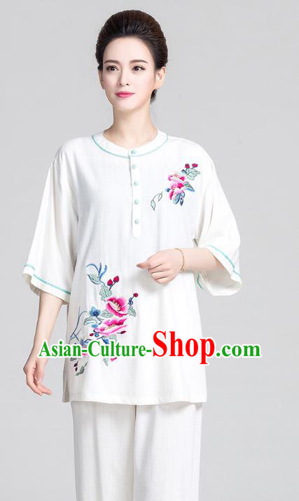 China Summer Tai Chi Clothing Traditional Martial Arts Embroidered White Flax Short Sleeve Uniforms
