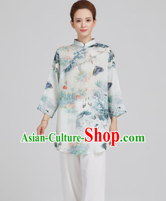 China Top Kung Fu Costume Tai Chi Clothing Tang Suit Printing Pear Blossom White Flax Shirt