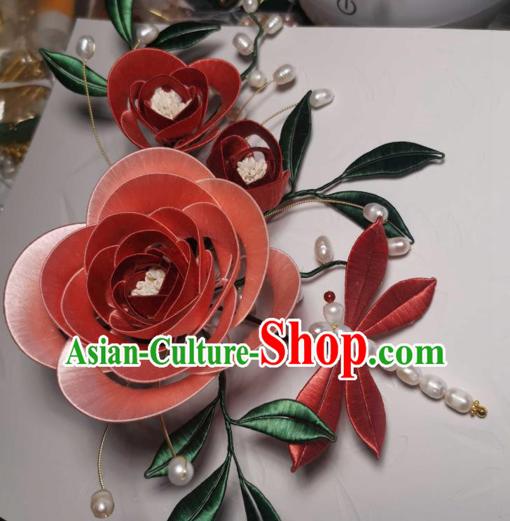 Chinese Handmade Traditional Hairpin Hair Jewelry Ancient Song Dynasty Princess Pink Silk Rose Hair Stick