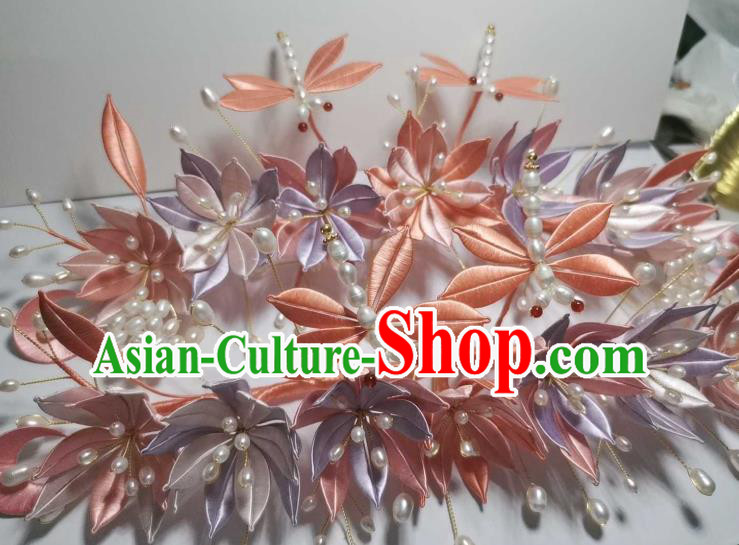 Chinese Handmade Silk Lotus Hairpin Traditional Hair Jewelry Ancient Song Dynasty Princess Pearls Dragonfly Hair Crown