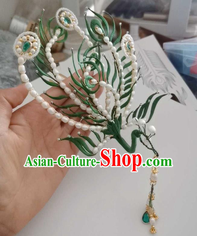 Chinese Ancient Queen Pearls Hair Crown Traditional Hair Jewelry Handmade Green Phoenix Hairpin