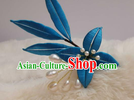 Chinese Ancient Princess Pearls Hair Stick Traditional Hair Jewelry Handmade Blue Silk Bamboo Leaf Hairpin