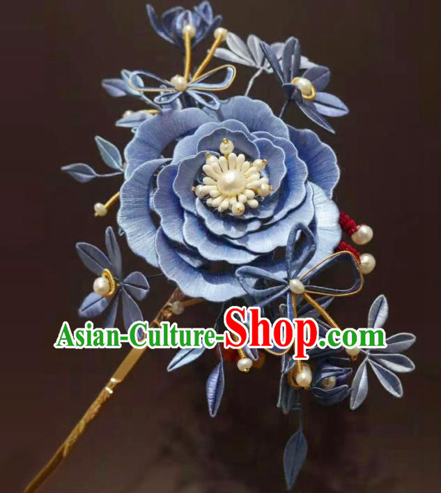 China Ming Dynasty Blue Silk Peony Hairpin Handmade Ancient Princess Hair Stick Traditional Hair Accessories
