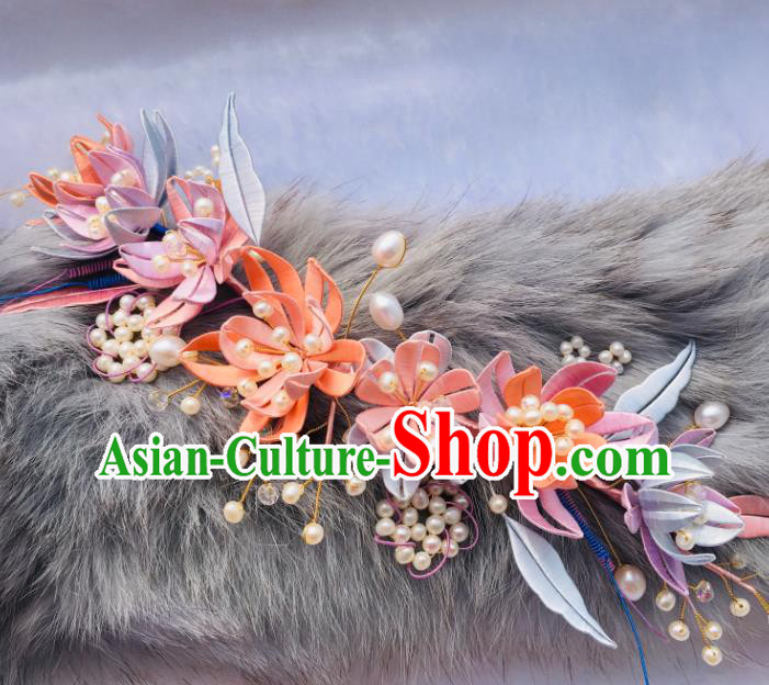 China Song Dynasty Hairpin Traditional Pearls Hair Accessories Handmade Ancient Princess Silk Flowers Hair Clasp