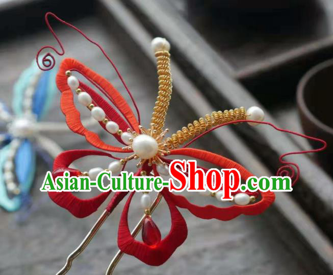 China Song Dynasty Red Butterfly Hairpin Traditional Hair Accessories Handmade Ancient Princess Pearls Hair Stick
