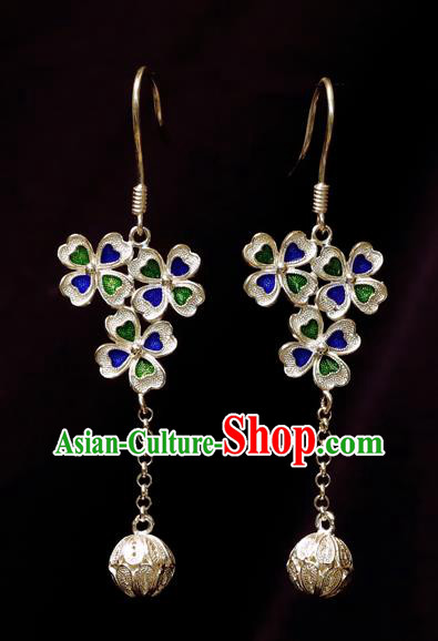 Chinese Traditional Handmade Silver Four Leaf Clover Earrings Accessories National Enamel Ear Jewelry