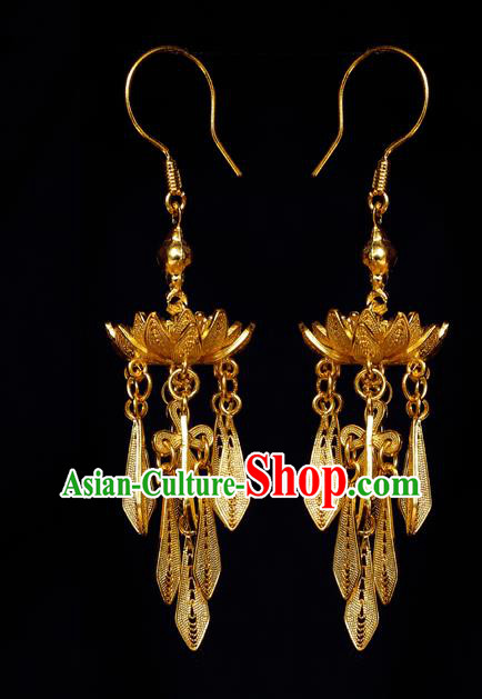 Chinese Ancient Empress Ear Jewelry Traditional Ming Dynasty Golden Lotus Earrings Accessories
