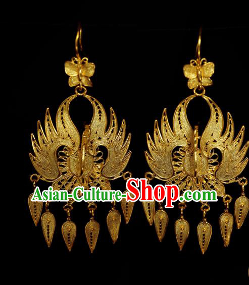 Chinese Traditional Ming Dynasty Earrings Accessories Ancient Empress Golden Phoenix Ear Jewelry