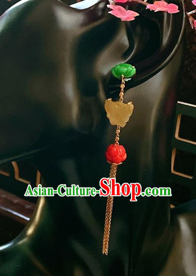 Chinese National Jade Butterfly Earrings Traditional Jewelry Handmade Golden Tassel Ear Accessories