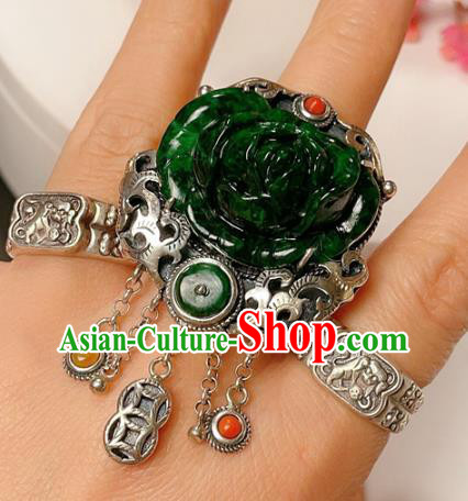 Top Chinese National Silver Carving Ring Jewelry Traditional Handmade Accessories Jadeite Rose Circlet