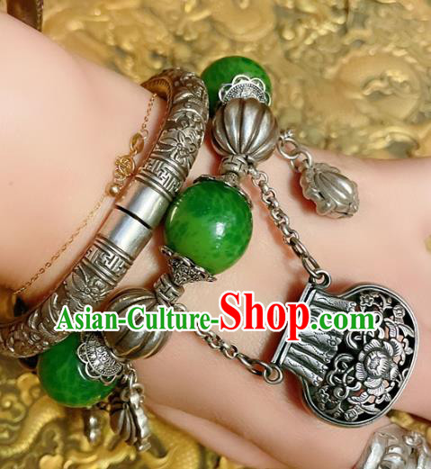 Handmade Chinese Jadeite Beads Bracelet Accessories Traditional Culture Jewelry Silver Carving Bangle