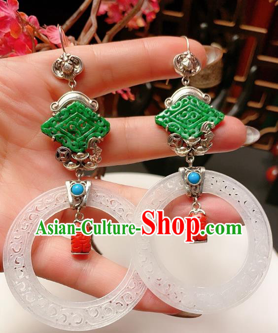 Chinese National Hetian Jade Earrings Traditional Jewelry Handmade Wedding Silver Bat Ear Accessories