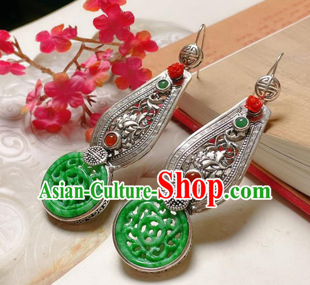 Chinese National Silver Earrings Traditional Jewelry Handmade Wedding Jadeite Ear Accessories