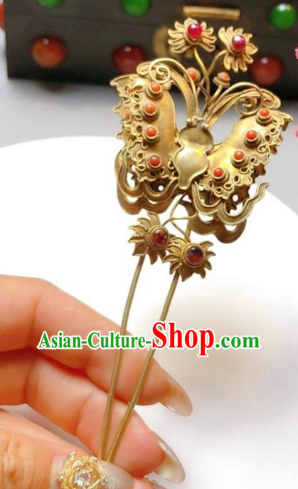 China Classical Ruby Hairpin Traditional Hair Accessories Handmade Qing Dynasty Golden Butterfly Hair Stick