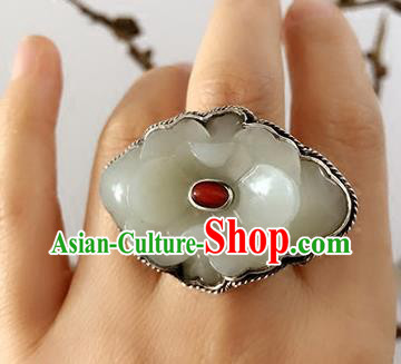 Chinese National Hetian Jade Peony Ring Jewelry Traditional Handmade Silver Circlet Accessories