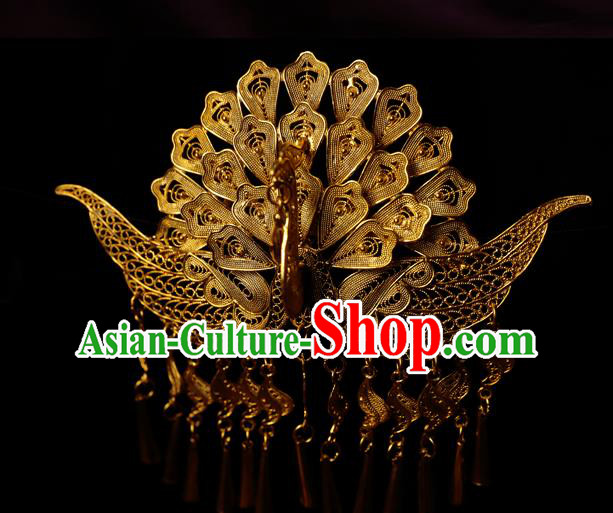 China Handmade Ming Dynasty Tassel Hairpin Traditional Hair Accessories Ancient Empress Golden Phoenix Hair Crown