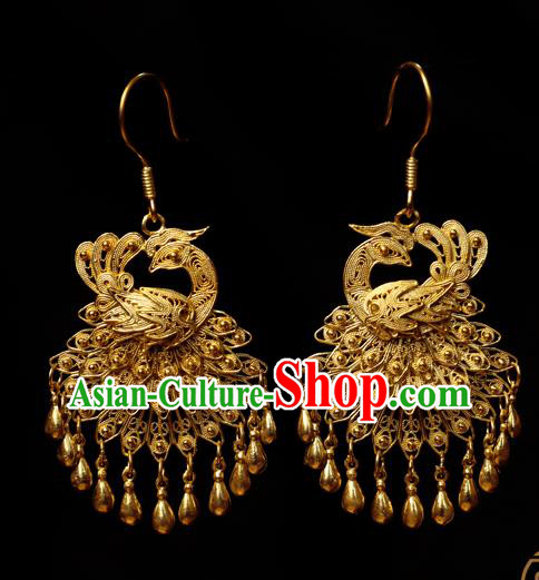 Chinese Traditional Hanfu Golden Peacock Earrings Accessories Ancient Queen Tassel Ear Jewelry