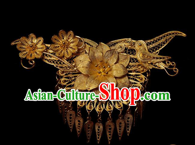 China Handmade Ming Dynasty Golden Tassel Hairpin Traditional Hair Accessories Ancient Empress Lotus Hair Stick