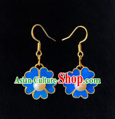 Chinese National Pearl Ear Accessories Traditional Cheongsam Blue Flower Earrings Jewelry
