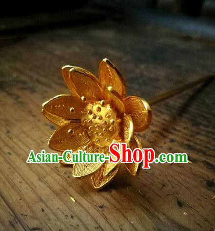 China Handmade Golden Lotus Hair Stick Ming Dynasty Court Lady Hairpin Traditional Hair Accessories