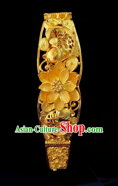 Handmade Chinese Traditional Wedding Golden Lotus Bangle Jewelry Silver Bracelet Accessories