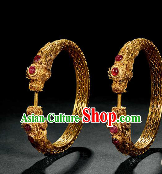 Handmade Chinese Golden Dragon Bracelet Accessories Traditional Wedding Ruby Bangle Jewelry