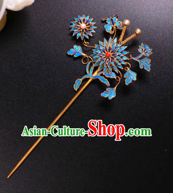 China Traditional Handmade Pearls Hair Stick Ancient Qing Dynasty Empress Blueing Chrysanthemum Hairpin