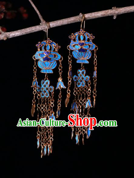 Chinese Qing Dynasty Imperial Consort Tassel Ear Accessories Classical Blueing Basket Earrings Ancient Court Jewelry