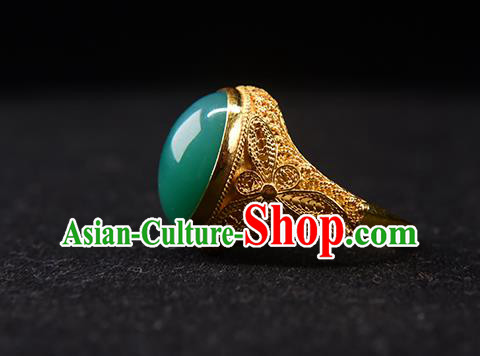 China Traditional Qing Dynasty Chrysoprase Ring Accessories Ancient Imperial Consort Golden Circlet Jewelry