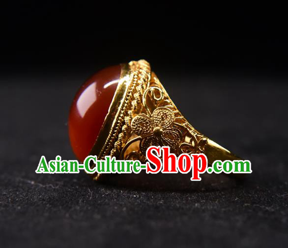 China Ancient Imperial Consort Golden Circlet Jewelry Traditional Qing Dynasty Agate Ring Accessories