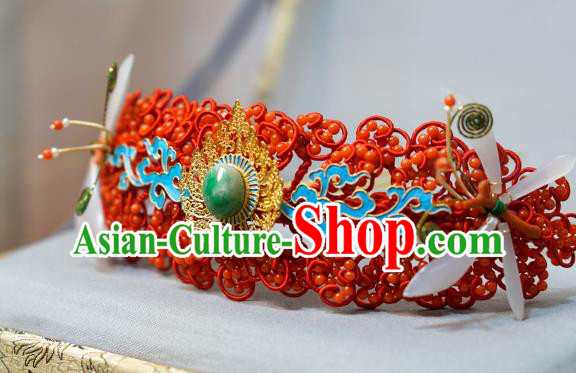China Traditional Wedding Hair Jewelry Ming Dynasty Hairpin Ancient Empress Jade Red Hair Crown