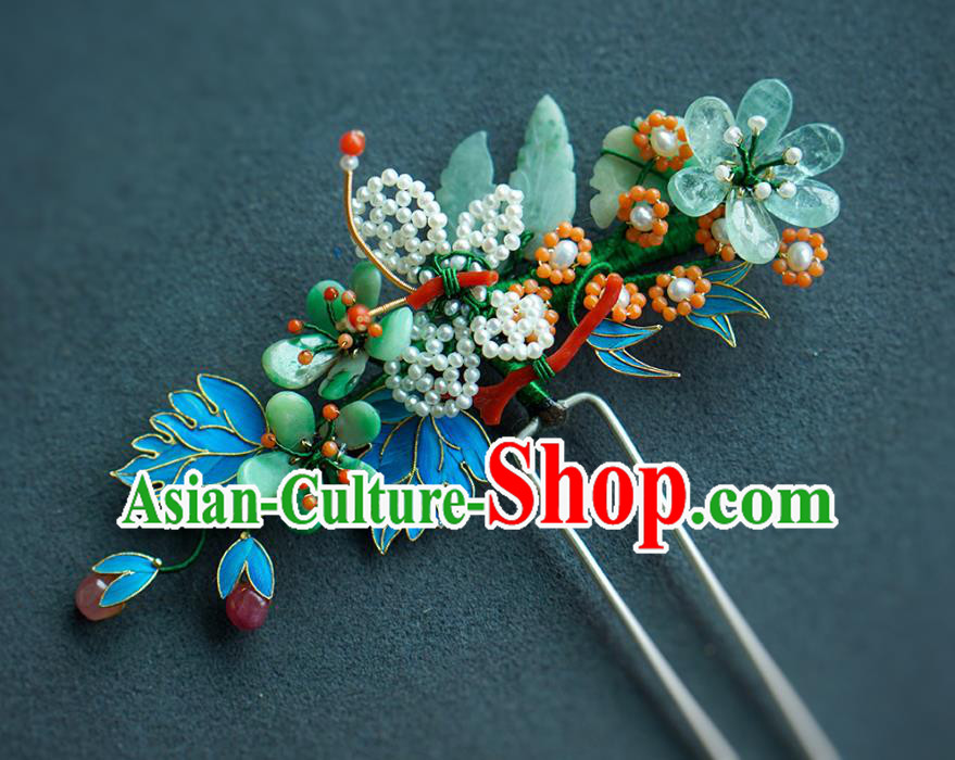 China Ancient Empress Jadeite Plum Blossom Hairpin Traditional Court Hair Jewelry Qing Dynasty Pearls Hair Stick
