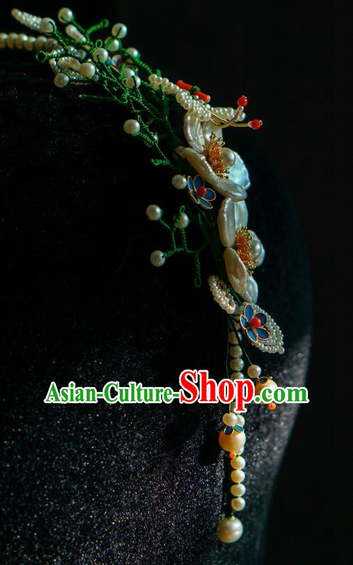 China Qing Dynasty Pearls Hair Stick Traditional Court Hair Jewelry Ancient Empress Shell Plum Hair Clasp