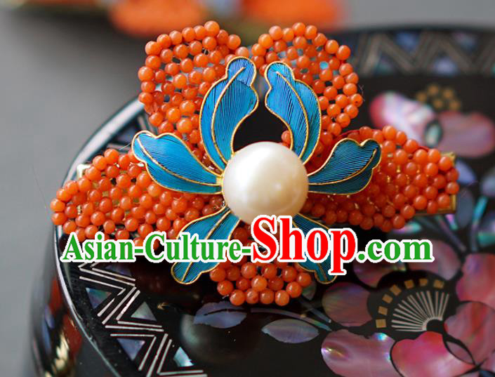 China Qing Dynasty Pearl Hair Crown Traditional Court Hair Jewelry Ancient Empress Red Beads Peony Hairpin