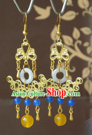 Chinese Tang Dynasty Empress Jade Ear Accessories Ancient Queen Wu Meiniang Golden Earrings