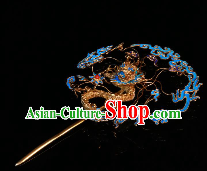 China Handmade Qing Dynasty Blueing Cloud Hairpin Ancient Imperial Consort Filigree Dragon Hair Stick