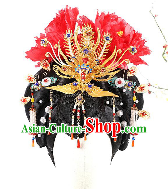 Chinese Ancient Queen Wig Sheath Traditional Tang Dynasty Empress Wu Zetian Wigs Chignon and Hair Jewelry