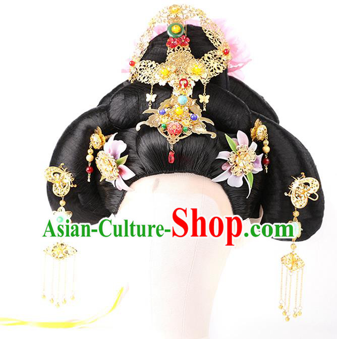 Chinese Ancient Court Woman Wig Sheath Traditional Tang Dynasty Imperial Consort Yang Wigs Chignon and Hair Accessories
