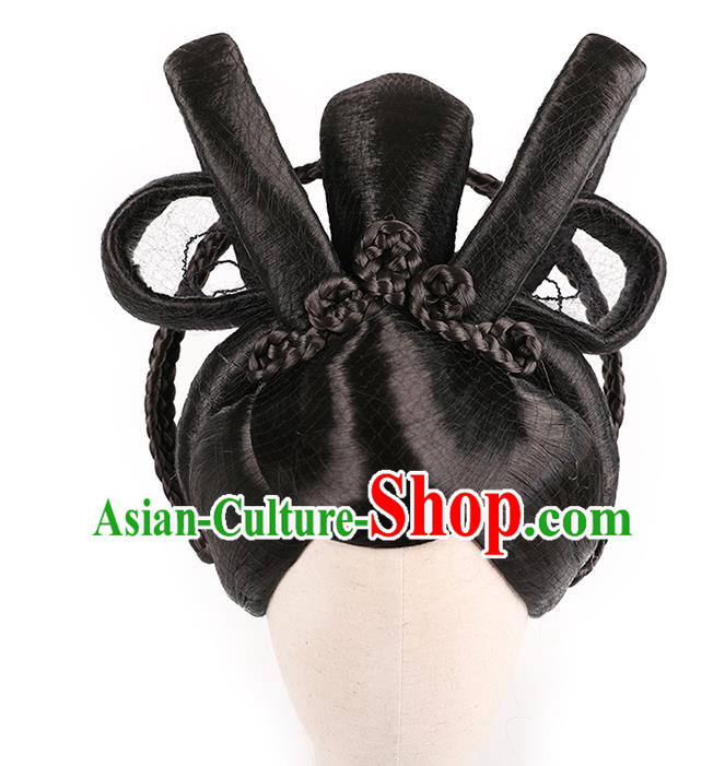 Handmade Chinese Ancient Royal Queen Wig Sheath Traditional Tang Dynasty Empress Wigs Chignon Headwear