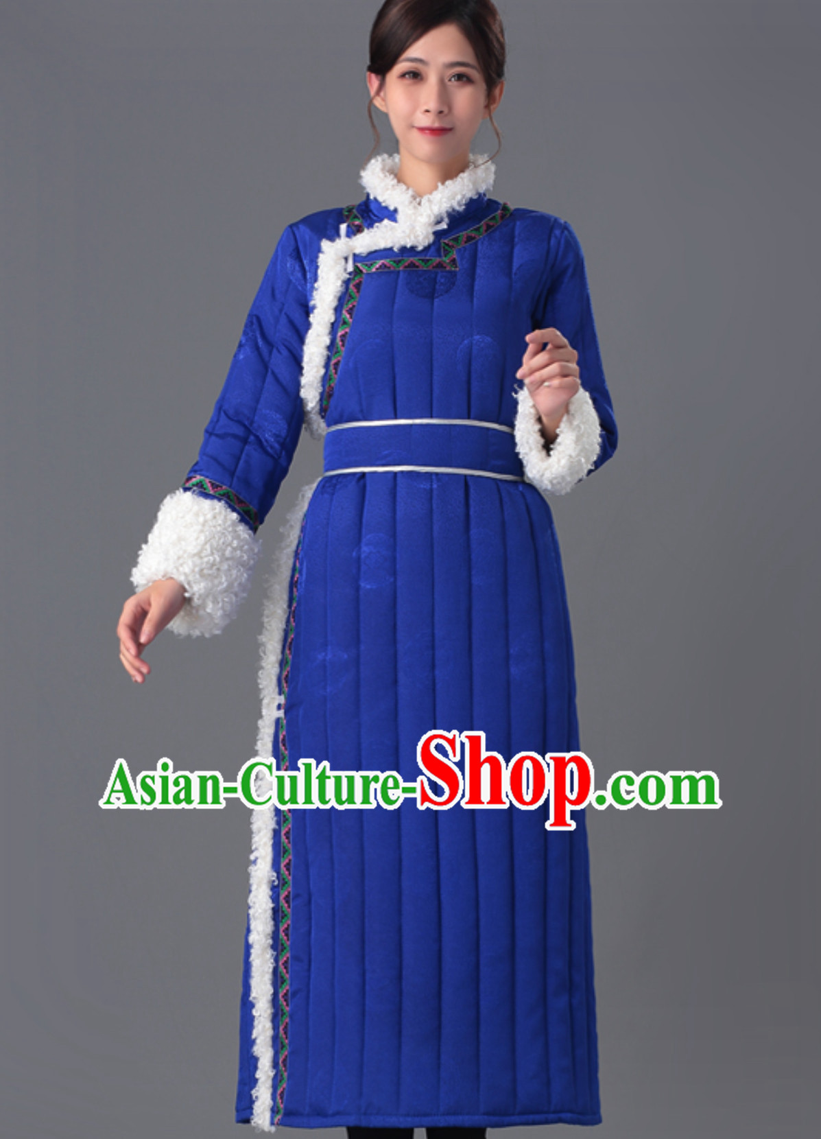 Top Chinese Traditional Mongol Minority Ethnic Costume Blue  Fabric Mongolian Garment for Women