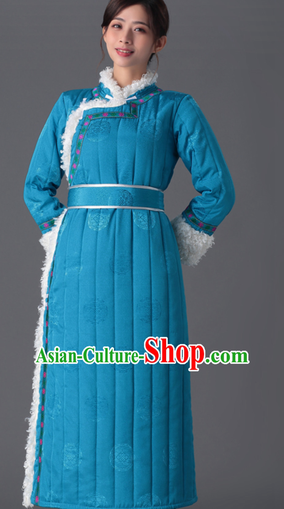 Top Chinese Traditional Mongol Minority Ethnic Costume Blue Fabric Mongolian Dresses for Women