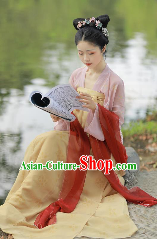 China Ancient Village Girl Hanfu Clothing Traditional Tang Dynasty Young Beauty Historical Costume