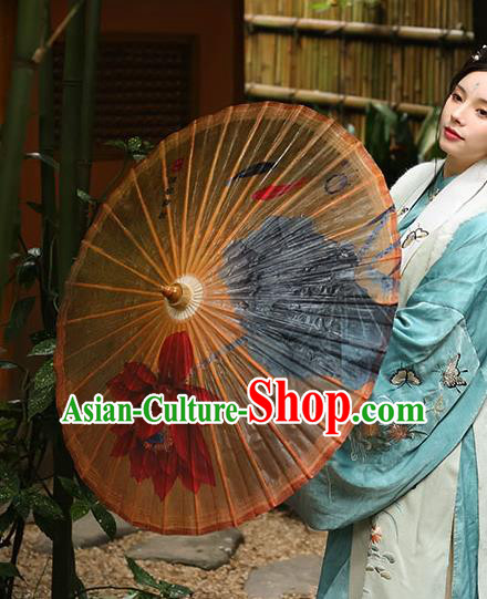 Traditional China Stage Show Umbrella Hand Umbrellas Artware Ink Painting Red Lotus Oil Paper Umbrella