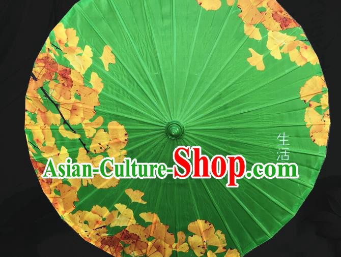 Chinese Classical Painting Ginkgo Leaf Umbrella Dance Umbrellas Traditional Hanfu Green Silk Umbrella