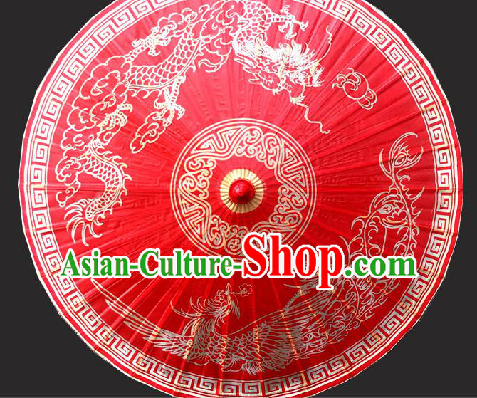 Traditional China Wedding Umbrella Painting Dragon Phoenix Oil Paper Umbrella Handmade Red Umbrellas Artware