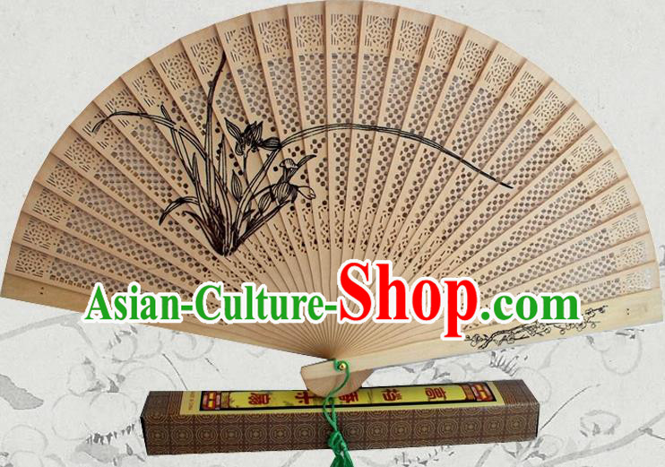 Handmade China Wood Fan Ink Painting Orchids Accordion Traditional Folding Fan