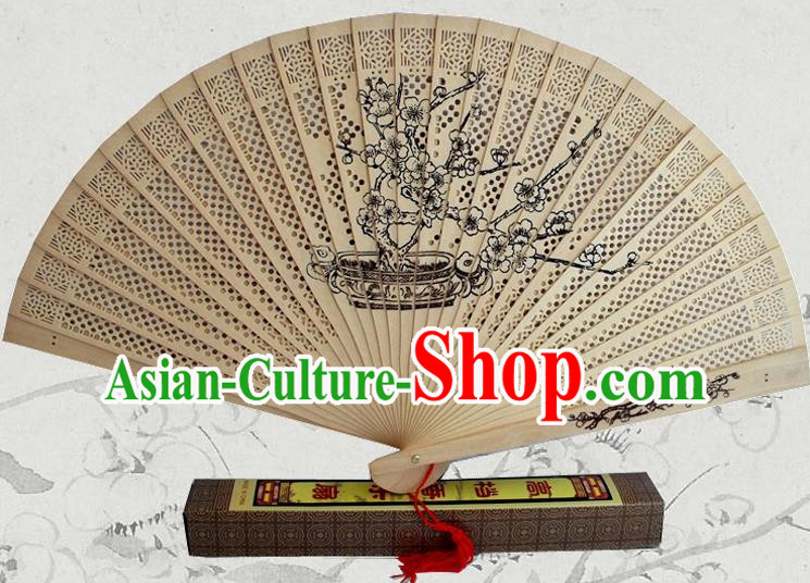 Handmade China Traditional Sandalwood Folding Fan Wood Fan Ink Painting Plum Blossom Accordion