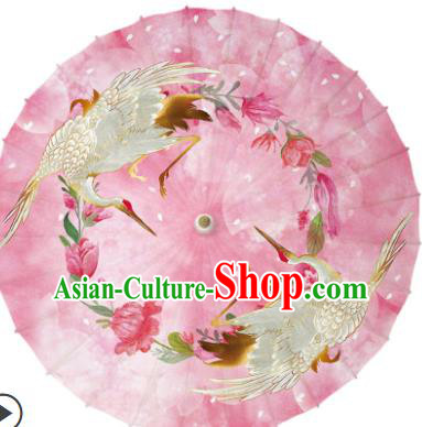 Traditional China Handmade Umbrellas Artware Pink Paper Umbrella Printing Cranes Oil Paper Umbrella